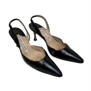 Manolo Blahnik Carolyne Leather Pumps Black Halter Kitten Heels Slingback